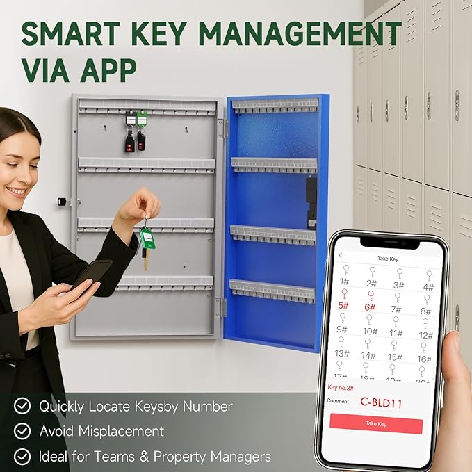 WeHere 96 Key Lock Box Wall Mount, APP Bluetooth/OTP/Wi-Fi Remote/Fixed Code/Key Unlock, Smart Key Cabinet Organizer Holder Box, Key Management Directory for Apartment, Hotel, Office, House