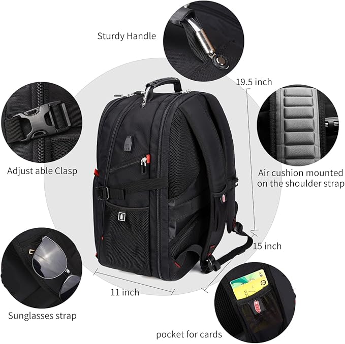 SHRRADOO Extra Large 50L Travel Laptop Backpack with USB Charging Port, College High School Backpack Airline Approved Business Work Bag Fits 17 Inch Computer for Men Women