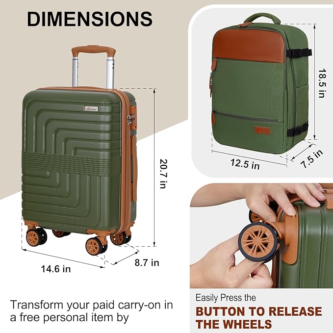 Romswi Luggage Sets 2 Piece, Expandable Carry On Luggage 20In with Travel Backpack, PC+ABS Hardside Suitcase Set with TSA Lock, Durable Carry On Suitcase with Spinner Wheels Green