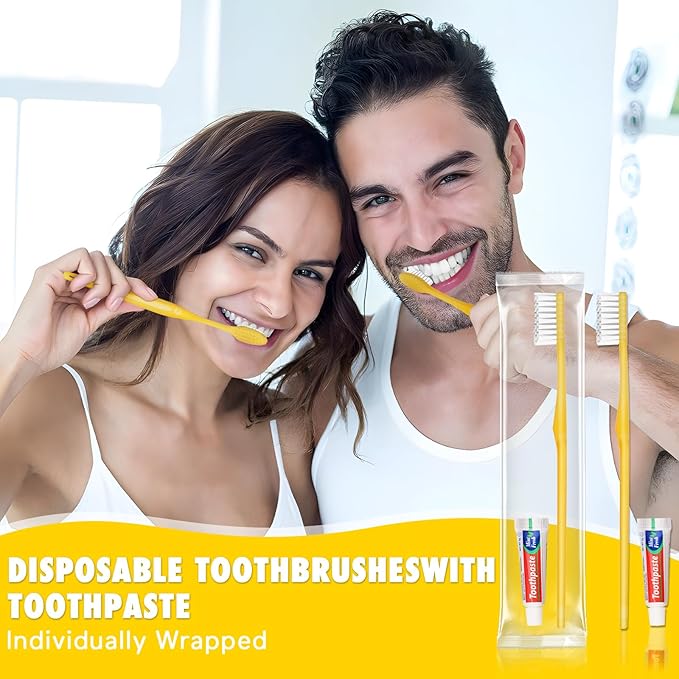 HOFASON Disposable Toothbrushes with Toothpaste Pack of 20, Yellow Hollow Travel Toothbrush Set with 5g Toothpaste Individually Wrapped Toothpaste Bulk for Homeless, Nursing Home, Shelter, Hotel