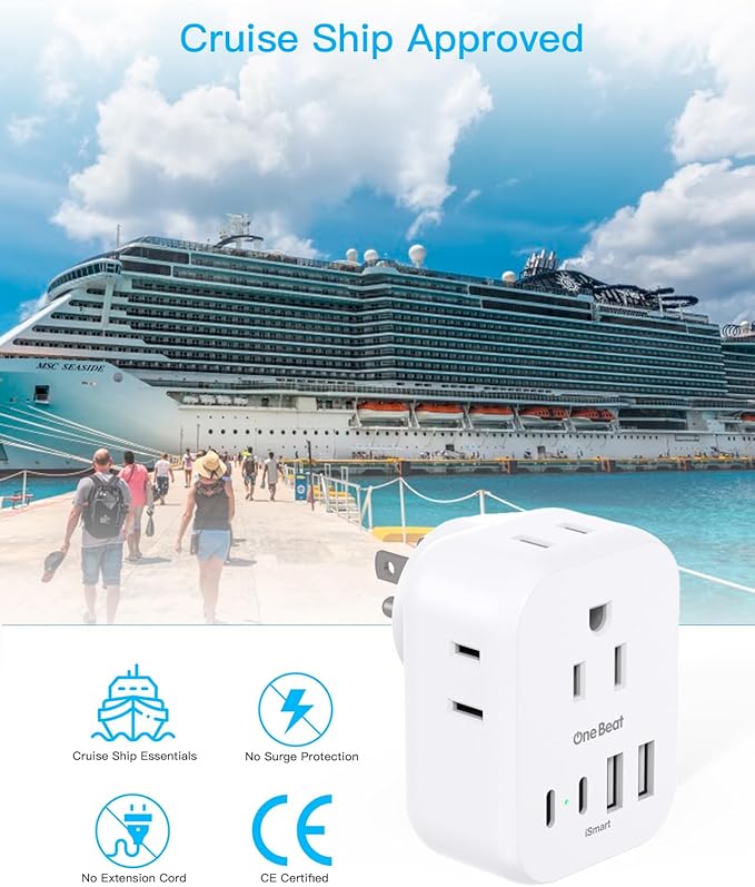 Travel Cruise Ship Essentials, Travel Plug Adapter with 4 Outlets 4 USB (4 USB-C), Cruise Approved Power Strip Non Surge Protector, Multi Plug Wall Outlet Extender, Travel Cruise Must Have Accessories