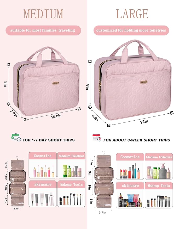 Pink Toiletry Bag, Makeup Organizer, Travel Bag For Women Mens Toiletries, Waterproof with Hanging Hook, Large Capacity