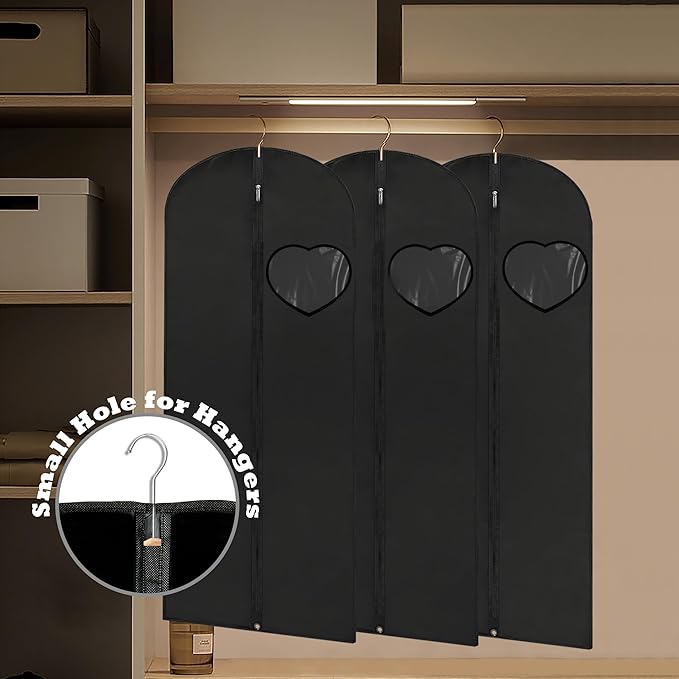 Dress Bags for Gowns Long, 60'' Garment Bags for Hanging Clothes, Suit Bag Cover for Storage and Travel, with Clear Heart Window, 2 Pack (Black)