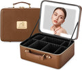 Makeup Bag with LED Mirror & Magnifier, Large Cosmetic Organizer Travel Makeup Case with Adjustable Brightness & 6 Detachable Dividers, Portable Makeup Storage for Women Girls (Brown)