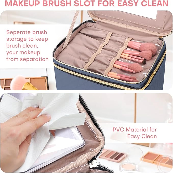 Large Makeup Bag with Mirror Double Layer Travel Make Up Organizer Case, Large Capacity Coemetic with Brush Slot Divider, Travel Toiletry Bag for Women (Aegean Blue)