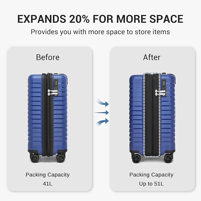 Kono 20 Inch Expandable Carry On Luggage with Spinner Wheels, Durable Hardside Luggage with Hidden Cup Holder, Lightweight Hard Shell Carry On Suitcase Airline Approved with TSA Lock(Navy Blue)