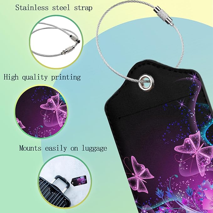 Luggage Tags for Suitcase,2 Pack Butterfly Luggage Tag Flowers Glowing Leather Privacy Cover ID Label with Stainless Steel Loop for Women Men Kids Girls Travel