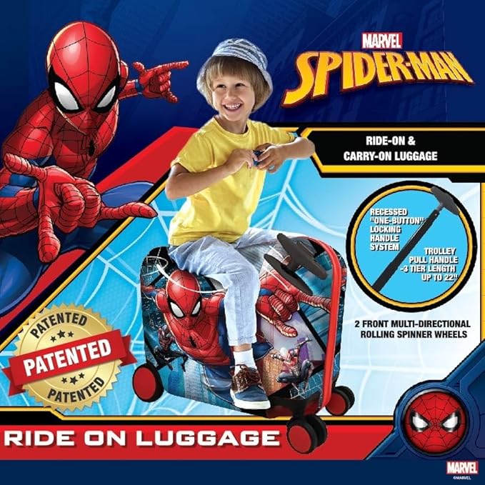 Fast Forward Ride-On 18" Suitcase For Kids/Tow-Along Toddler Carry-On Luggage With Wheels (Spiderman)
