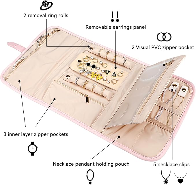 Voova Travel Jewelry Holder Organizer Case, Large Jewelry Storage Bag for Women Girls, Foldable Traveling Jewellery Pouch Roll for Necklaces Rings Earrings Bracelets, Light Pink
