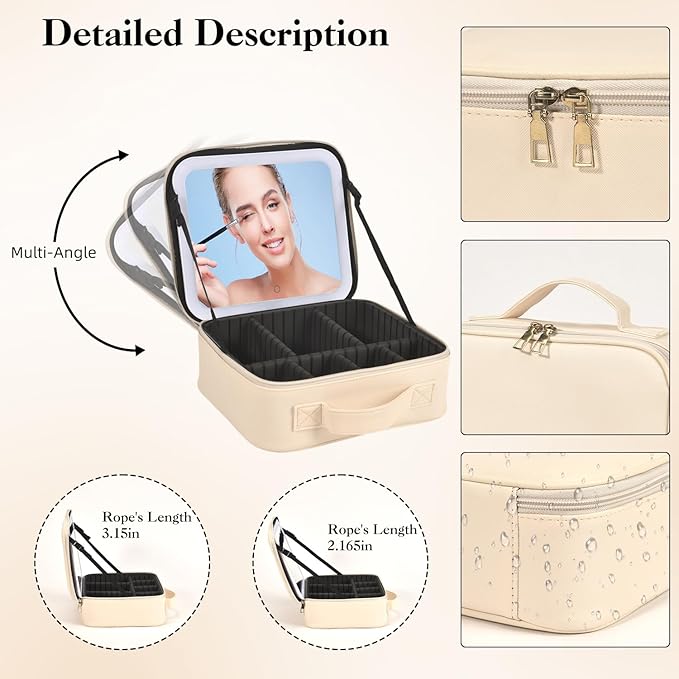 Travel Makeup Bag With LED Mirror,Makeup Travel Train Case with 3 Color Setting,Cosmetic Makeup Organizer Bag with Adjustable Dividers,Portable Make up Bag with Makeup Brush Holder Storage（Beige）