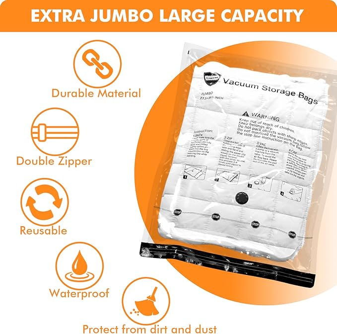 Vacuum Storage Bags Jumbo (12 x Jumbo),Plastic Packaging Bags,Space Saver Sealer Compression Bags for Blankets, Comforters, Pillows, Bedding,Clothes Storage