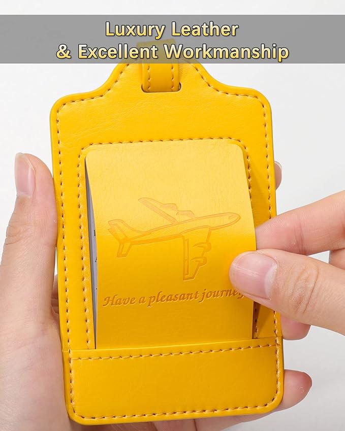 Teskyer Luggage Tags, 3 Pack Premium PU Leather Luggage Tags for Suitcases, Privacy Protection Travel Bag Tags, Yellow