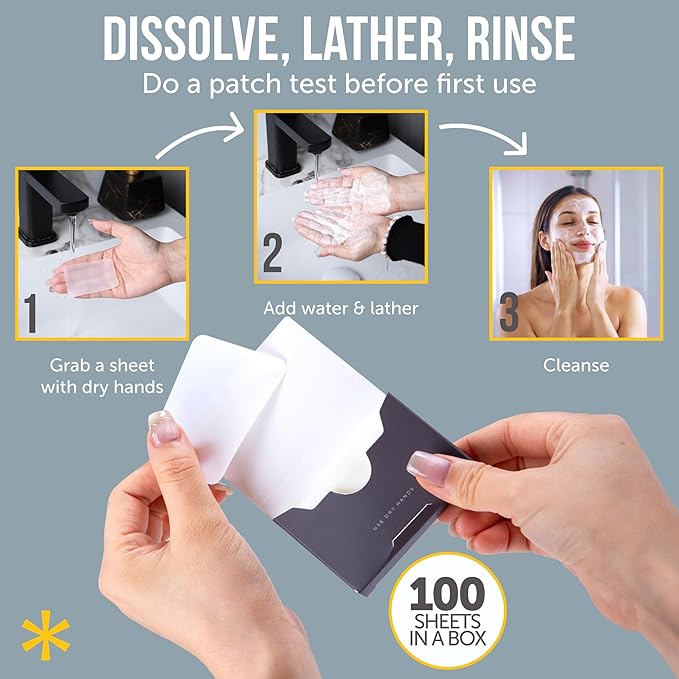 Glycolic Acid Soap Sheets - 100 Exfoliating Peel Face Wash - Travel Size Facial Cleanser with Vitamin C, Retinol, Kojic Acid, Collagen - Anti Aging and Minimizes Pores and Scars - 3 Pack