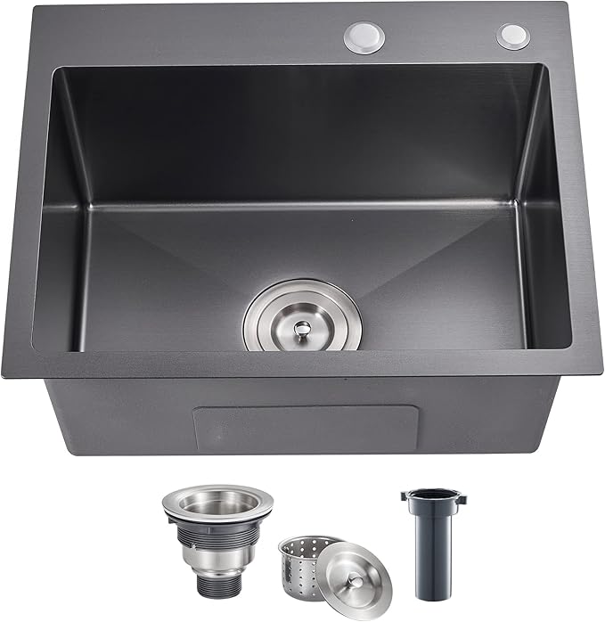 POPFLY 20 Inch Kitchen Sink, 18 Gauge 304 Stainless Steel Single Bowl Drop In Black Bar Deep Small Sink, Modern Top mount Kitchen Prep Sink with Drain Strainer