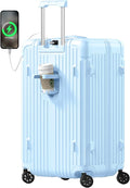 Krute Luggage with Spinner Double Wheels Suitcases with USB Port and Cup Holder TSA Lock PC+ABS Hardside Checked Luggage 28 Inch (LightBlue)