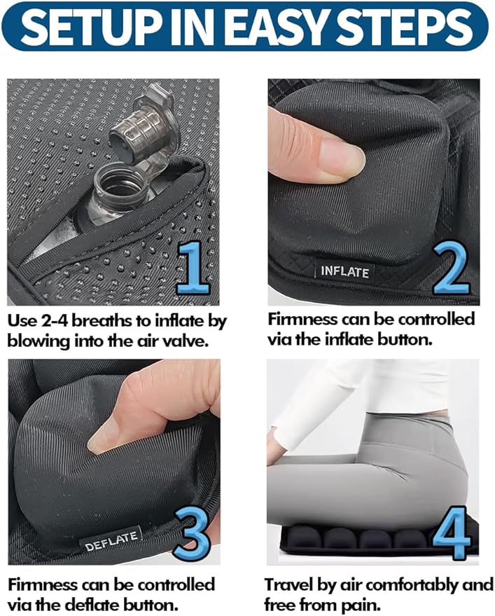 Travel Cushion Airplane Seat,Inflatable Air Bubble Design with Storage Bag for Car/Office/Kitchen Chairs.42 Air Cells, Adjustable Firmness, Non-Slip Bottom