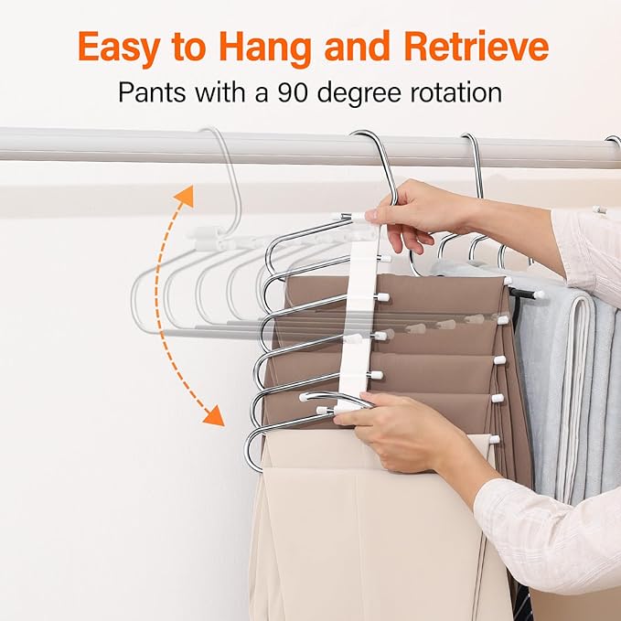 Upgraded Collapsible Pants Hangers Space Saving, 6 Layers Clothes Rack, Stainless Steel Multifunctional Closet Organizer, Non Slip Metal Hangers for Pants Jeans Skirts Trousers (1 Pack)