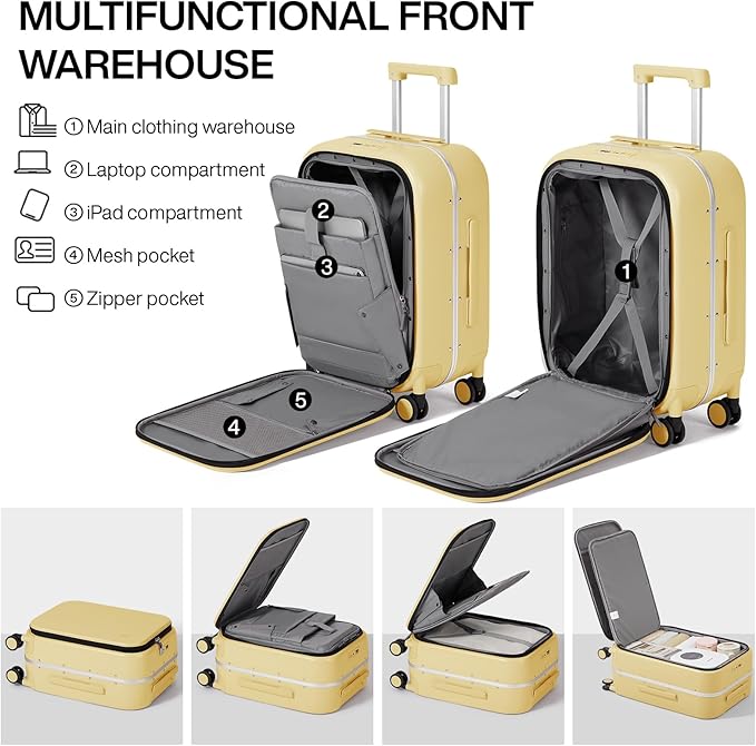 mixi Carry On Luggage, 20'' Suitcase with Front Laptop Pocket, Travel Rolling Luggage Aluminum Frame PC Hardside with Spinner Wheels & TSA Lock and Cover - Lark Yellow