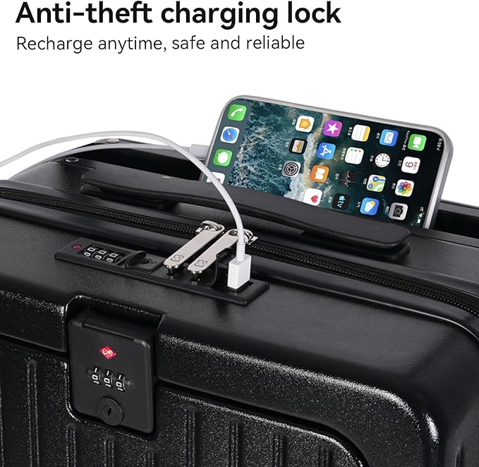 SOKOK Front Pocket Luggage with Spinner Wheels, 24'' Wide Handle Travel Suitcase PC Hardshell Multifunctional Luggage with Charging Port and Cup Holder, Black
