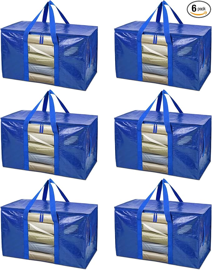 BALEINE 6-Pack Oversized Moving Bags with Reinforced Handles, Heavy-Duty Storage Tote Moving Supplies for Packaging, Camping (Blue w/Window, 6-Pack)