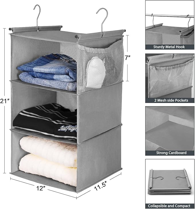 MAX Houser 3 Tier Shelf Hanging Closet Organizer, Space Saver,Closet Hanging Shelf with 2 Sturdy Hooks for Storage, Foldable (Grey)