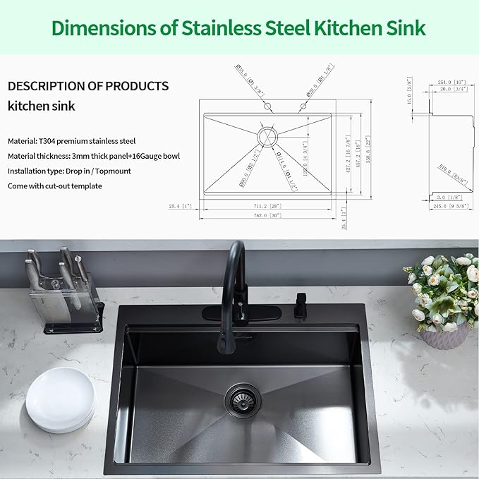 Drop-in Kitchen Sink - Single Bowl Workstation with Cutting Board, 30 x 22 x 10, Gunmetal Black, 16 Gauge Stainless Steel