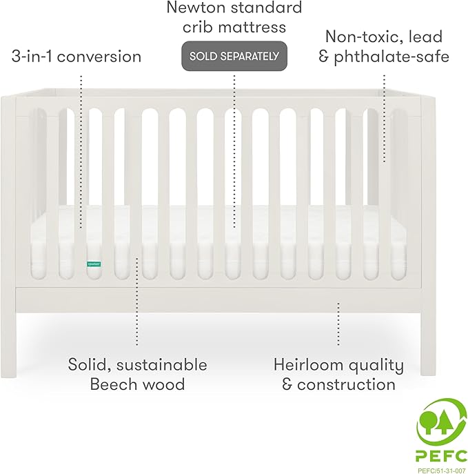 Newton Baby Galileo Standard Crib, Solid Beech Wood in Warm White Color, 3-in-1 Convertible Crib with Toddler Bed Conversion Kit, Ultra-Safe Non-Toxic Finish