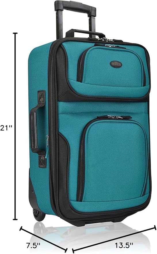 U.S. Traveler Lightweight Rolling 20" Carry On Luggage Softside Suitcase, Teal, 2 Wheel Single