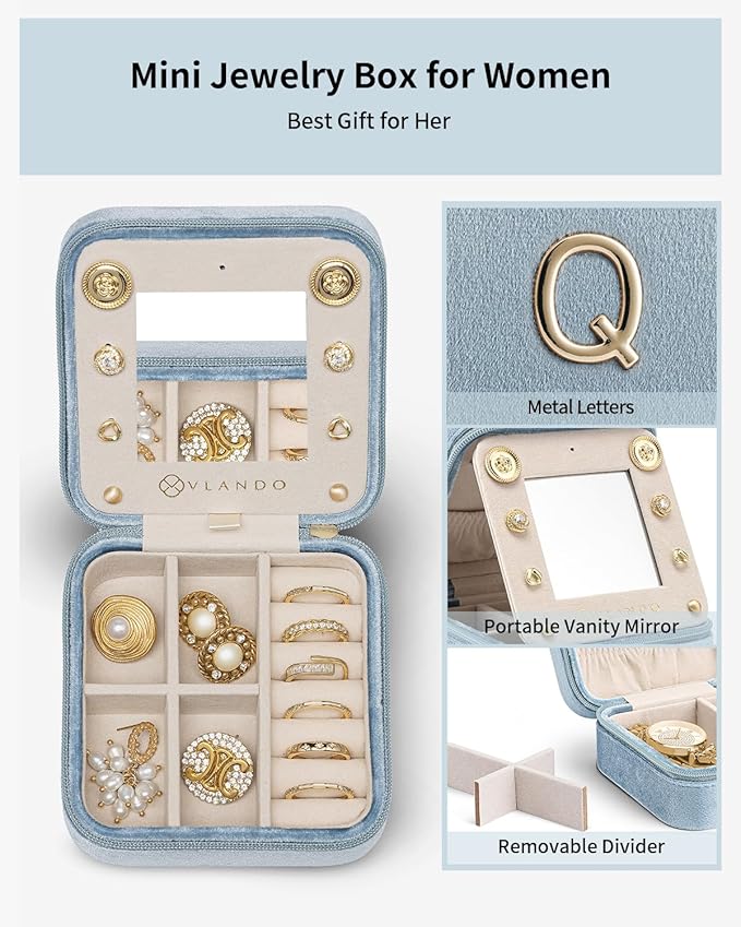Vlando Travel Jewelry Organizer for Women, Travel Jewelry Organizer, Necklace Organizer Earrings Ring Organizer, Jewelry Travel, Travel Gifts for Women Travel Essentials - Letter Q, Blue