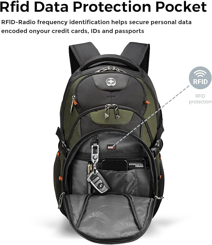 Swissdigital Design Laptop Backpack with USB Charging Port, TSA Travel Backpack Fits 15.6 inches Computer, 31L College School Backpack for Men, Olive/Black | SD803-26