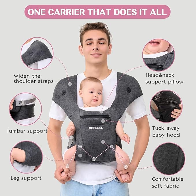 Newly Upgraded Baby Carrier Newborn to Toddler - Infant Carrier for Babies 0-36 Months, Ergonomic and Cozy Carrier with Soft Fabrics for Face-in and Face-Out Front, Dark Gray