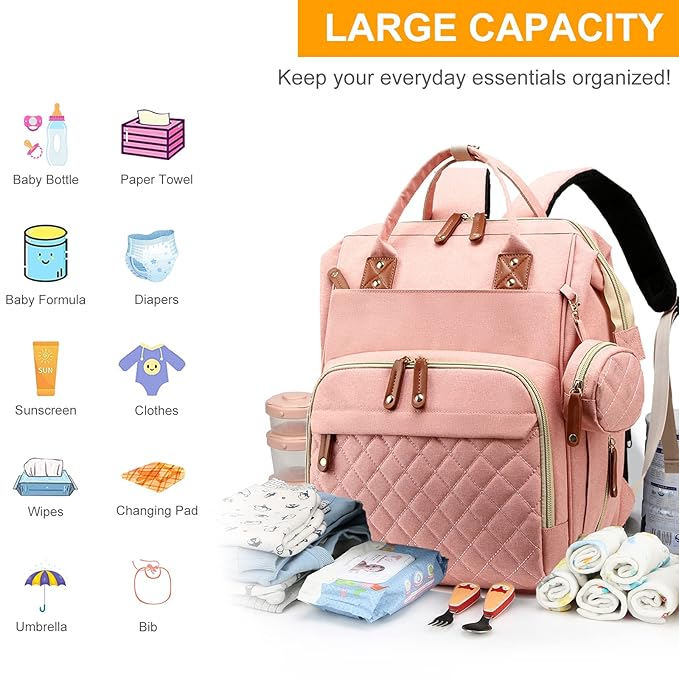 Diaper Bag, Backpack with Changing Station, Waterproof Baby Bag for Boys & Girls, USB Charging Port for Parents, Travel Backpack Baby Essentials & Lovely Baby Shower Gifts, Pink