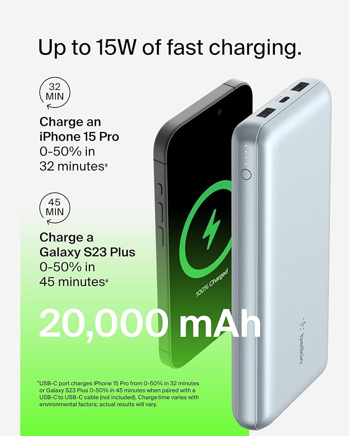 Belkin Portable Charger, USB-C Power Bank 20000 mAh w/ 2 USB-A Ports, 15W w/Type-A to Type-C Cable for iPhone 16, Samsung Galaxy S25, iPad, Nintendo Switch 2, Google Pixel 10, etc. - Pearl Blue