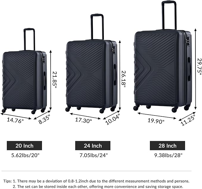 Campfun 3 Piece Luggage Sets, Hardshell ABS Luggage with TSA Lock, Carry On Suitcase Sets Lightweight Durable with 2 Hooks & Spinner Wheels, 20in/24in/28in - Black(C)
