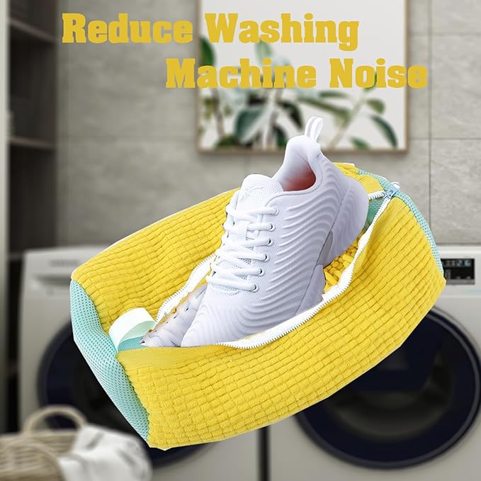 Shoe Washing Machine Bag 2PCS，Laundry Shoe Bag For Washer And Dryer，Reusable Shoe Cleaning Bag for All Shoe Types And Sizes，360°Wrap-around Shoe Washing Bag with One Shoe Brush(Yellow & Blue)