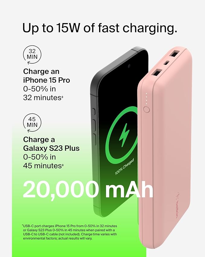 Belkin Portable Charger, USB C Power Bank 20000 mAh w/ 1xUSB-C Port & 2xUSB-A Ports, 15W w/ Type-A to Type-C Cable for iPhone 16, Plus, Pro, Max, Samsung Galaxy S25, Google Pixel 10, etc. - Rose Gold