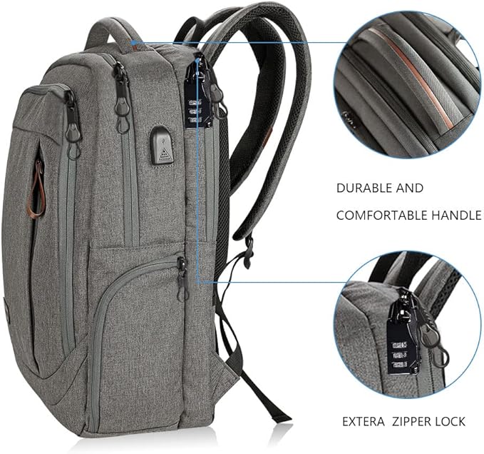 KROSER Laptop Backpack Large Computer Backpack Fits up to 17.3 Inch Laptop with USB Charging Port Water-Repellent Casual Daypack for Travel/Business/College/Women/Men-Grey