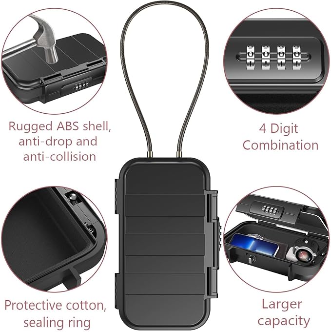 LOFICOPER Portable Safe Lock Box, 4 Digit Security Case, Beach Safe Box with Removable Chain, Waterproof Design, for Sports, Beach, Travel, Black