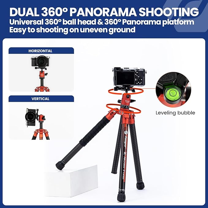 Fotopro 62 Inch Carbon Fiber Tripod for Camera Ultralight Travel Camera Tripod Max Loads Up 22lbs X-Aircross 3 Orange