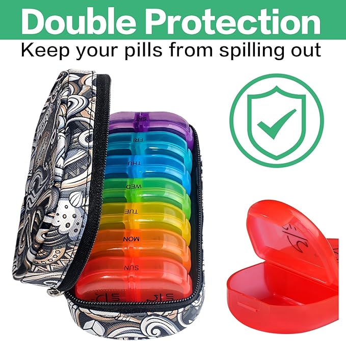 Serfeymi Weekly Travel Pill Organizer 2 Times A Day AM PM Upgraded Rainbow Pill Box 7 Day with Portable Zipper PU Leather Pill Case, Medicine Organizer for Pills, Vitamins, Fish Oils - Brown 03