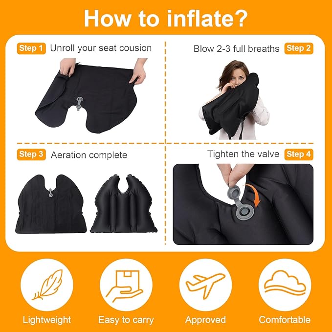 DAWNTREES Inflatable Seat Cushion, Lightweight, Waterproof, Suitable for Office/Home Chair Pad Support and Convenient Seat Cushion for Travel,Car,Outdoor Stadium and Camping,Black