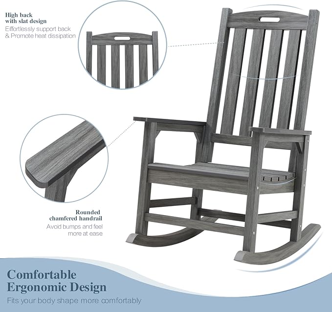 Psilvam Outdoor Rocking Chair, Poly Lumber Oversized Rocking Chair with 21" Wide Seat and 32" Tall Backrest, Pre-Assembled with Most Components for Effortless Installation(Dark Gray)