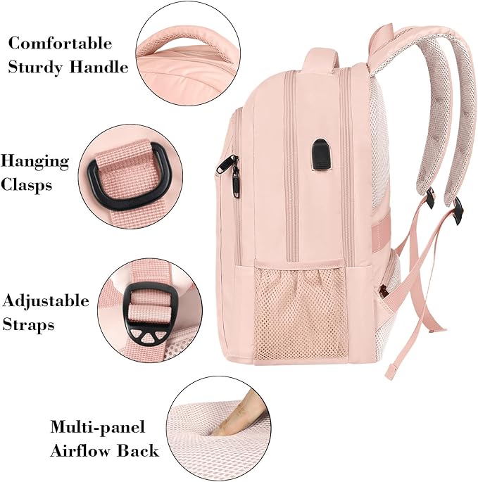 MATEIN 15.6 inch Laptop Backpack, Cute Slim Computer Travel Backpack with USB Port, Carry On Casual Daypack Bag Gifts for Women Teacher Nurse, Pink
