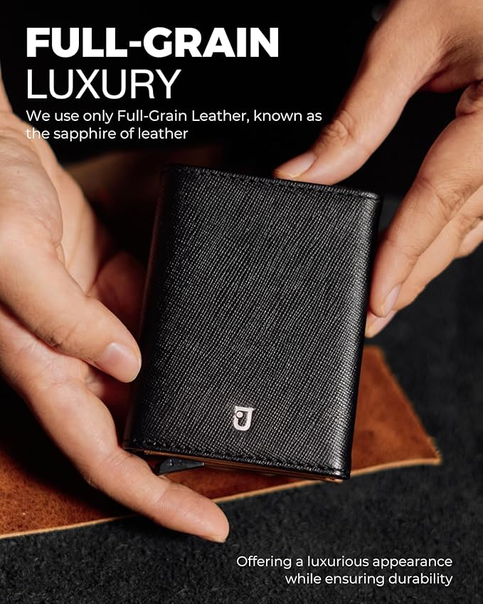 Jenoss Smart AirTag Wallet for Men: Full Grain Leather, Handcrafted, Black Pop Up Case, Slim, RFID Blocking Credit Card Holder Compact, 12 Slot Organizers ID Cash Apple Air Tag Tracker (Black & Brown)