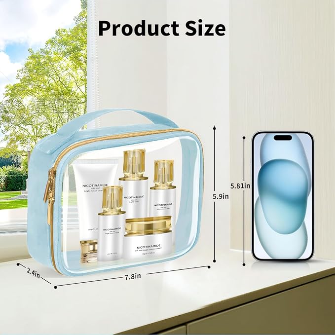 TSA Approved Travel Toiletry Bag,3 Pack Clear Makeup Bags with Handles,Quart Size Clear Cosmetic Bags for Traveling Women,Men,Carry on Airport Airline Compliant Bag,Blue