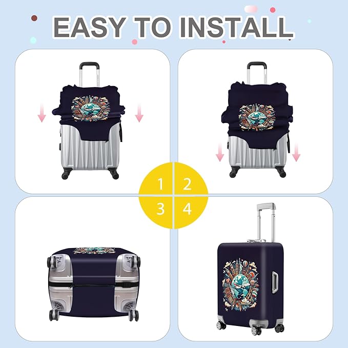ANNA QUEEN World Landmarks Luggage Cover, Dark Travel-Themed Suitcase Protector with Airplane & Globe Design, Stretchable, Washable Luggage Sleeve for 24-26 Inch Suitcases