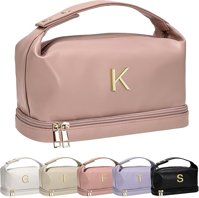 Wedding Gift-Travel Essentials, Presents for Women Makeup Bag with Handle, Initial Cosmetic Bag with Makeup Brush Organizer, PU Leather Travel Toiletry Bag, Gifts for Friends Female Mom