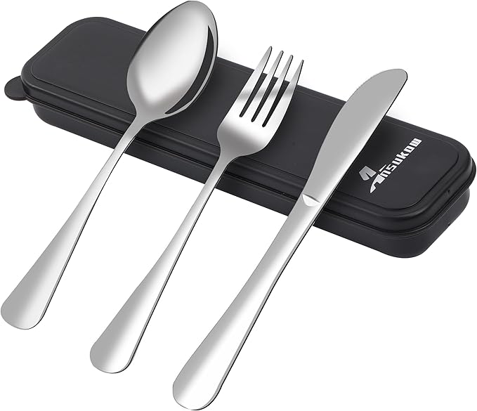 4 Picec Travel Utensils Camping utensils Travel Silverware Set with Case Fork and Spoon Set Office Stainless Steel Reusable Trip Cutlery Set Easy to journey Lightweight Lunch Box for Men