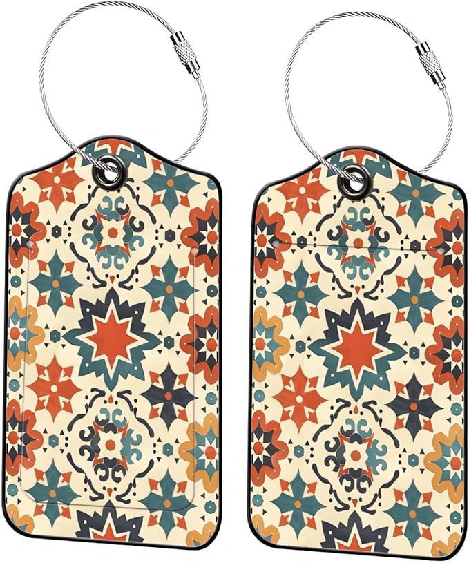 Luggage Tags for Suitcases, 2-Pack PU Leather for Cruise & Travel, Baggage ID Tags with Privacy Cover & Address Card, Durable Metal Ring, Kids Adults Travel Accessories, Vintage Tilework