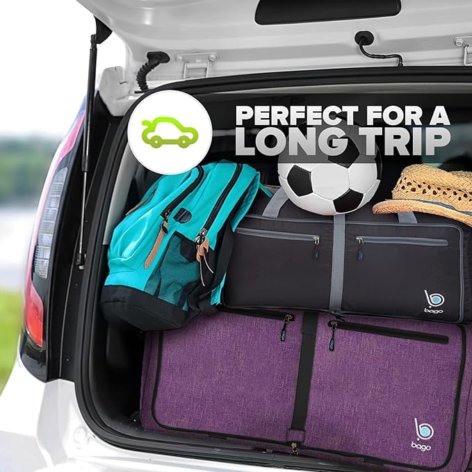 Bago Large Foldable Duffel Bags for Traveling Women & Men - 120L Packable Duffle Bag for Travel with Shoe Compartment - Water Repellant, Heavy Duty, Lightweight Folding & Collapsible (SnowDepPurple)